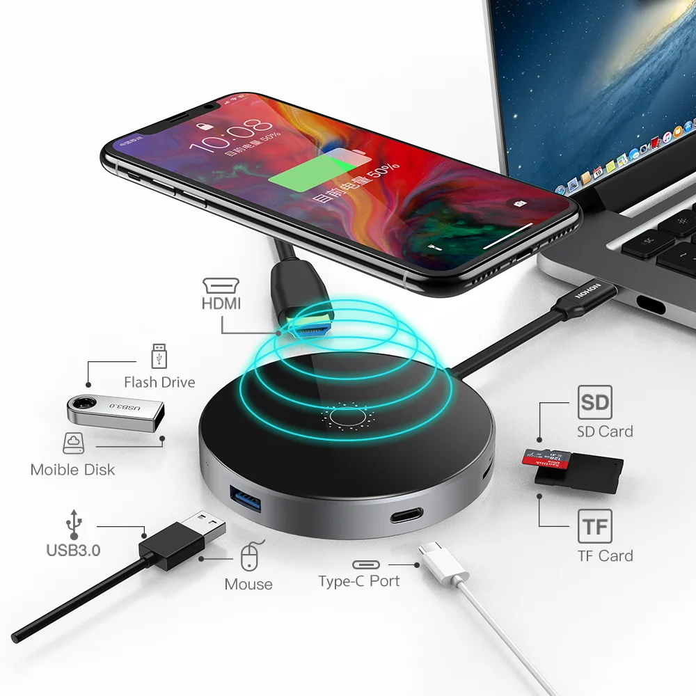 

Nohon USB-C Type-c Hub PD SD/TF card Thunderbolt 3 to QI Wireless Charger 5W HDMI Adapter for MacBook Pro Samsung Galaxy S9