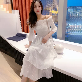 

Super Sweet Ladies Dress Simple Slash-neck Girls Dress Fashion Temperament Cake Dress Female