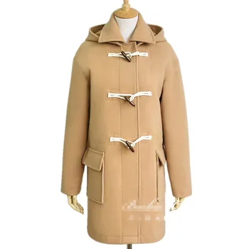 

autumn winter loose Women Wool Coat preppy style Women Woolen Long hooded horn button Coats Cardigan Jackets Elegant