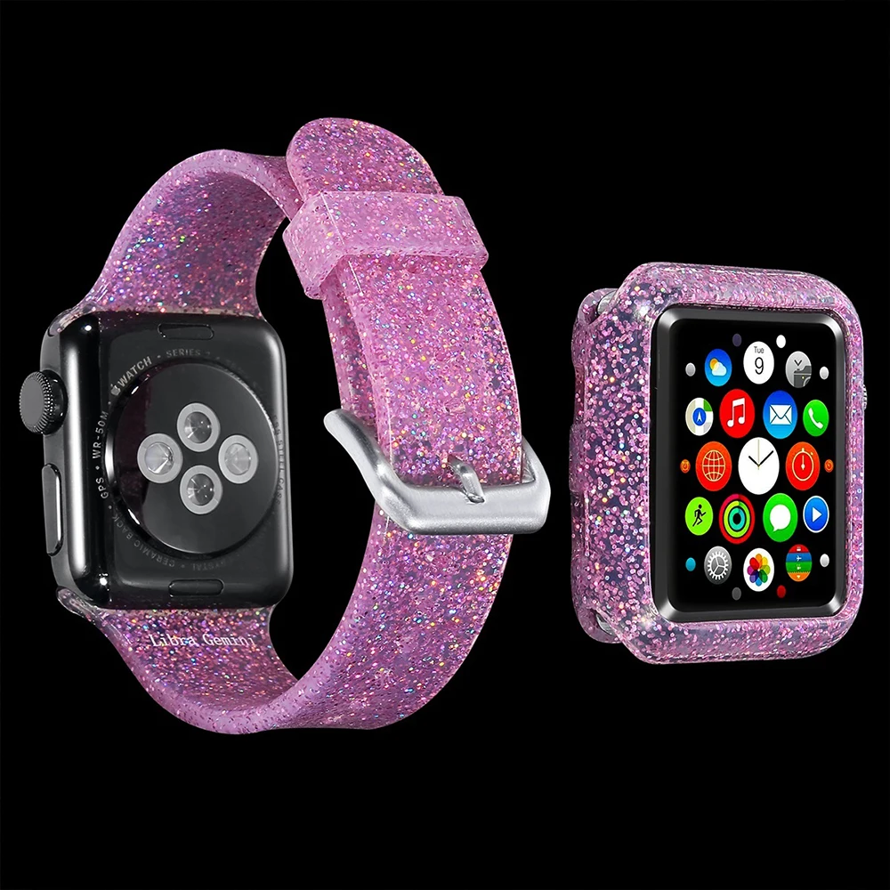 Силиконовый прозрачный ремешок с кристаллами для Apple Watch 38 мм 40 мм 42 мм 44 мм с защитной крышкой чехол ремень для iWatch Band 1 2 3 4