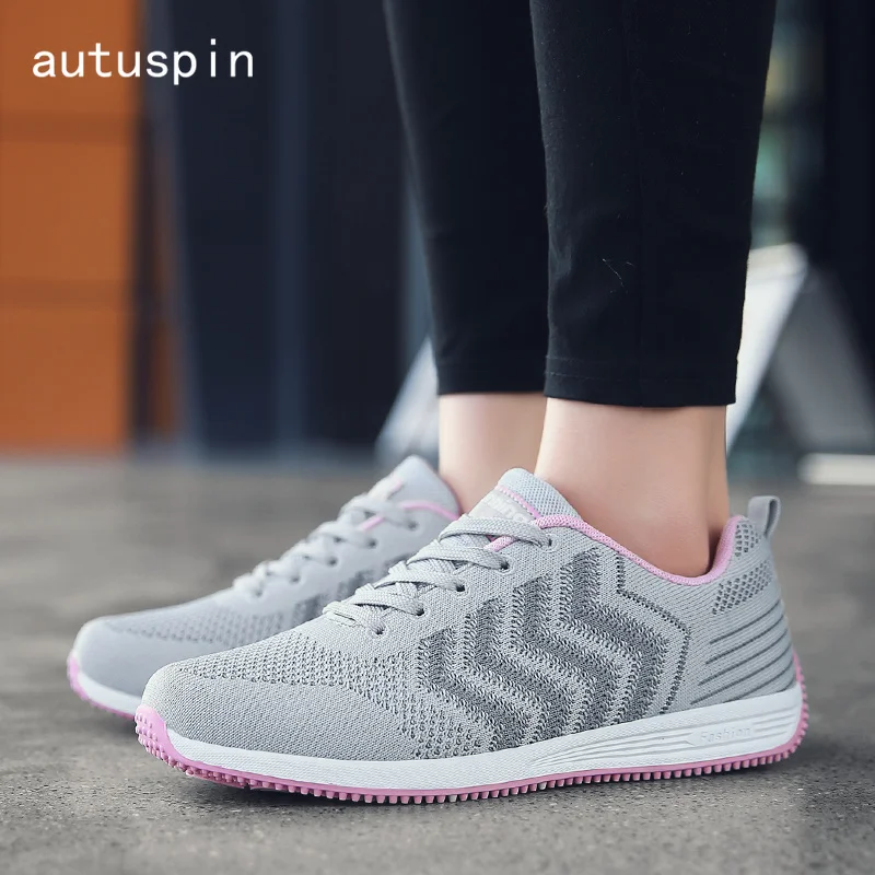 

Autuspin Gray Shoes Woman Breathable Mesh Fabric Soft Rubber Leisure Women's Vulcanize Shoes Fashion Design Lace Up Casual Women