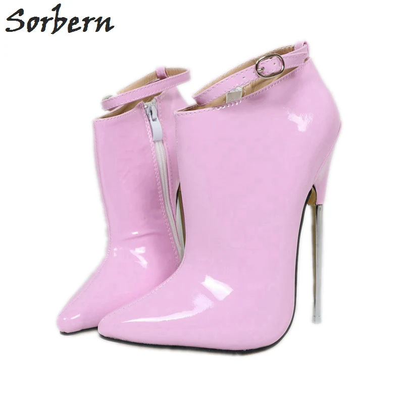 Pink Shiny Sorbern ботильоны для женщин реальное изображение металлический тонкий каблук 18 см высота Пряжка ремешок унисекс вечерние сапоги Острый носок дешево - Цвет: Pink Shiny