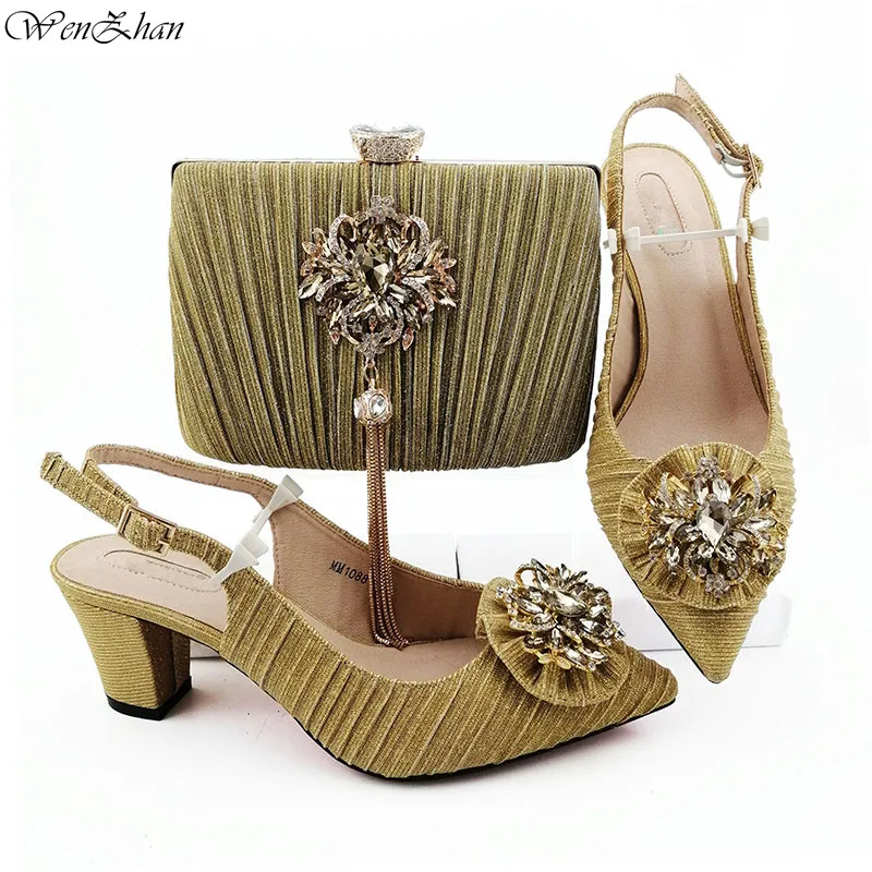

Excellent African Shoes And Bag Set Diamond decoration Gold High Quality Italian Shoes And Bags To Match 38-43 WENZHAN B95-22