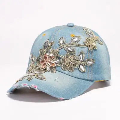 BINGYUANHAOXUAN, женская бейсболка винтажная с роскошными стразами в ковбойском стиле, кепка с цветочным принтом, женская шапка со стеклянными алмазами высокого качества - Цвет: Denim Blue1