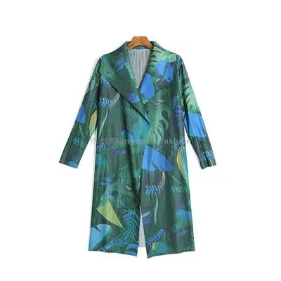 Miyake, Женское пальто, с отворотом, со складками, с принтом, пыльник, длинный, стрейч, Свободный кардиган, осень, новинка, плиссированный Тренч - Цвет: Зеленый