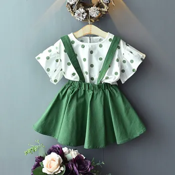 

Summer Baby Girl Clothes Butterfly Sleeve Polka Dot Print T-shirt Blouse+Strap Skirts Casual Outfits Kids Clothes Set