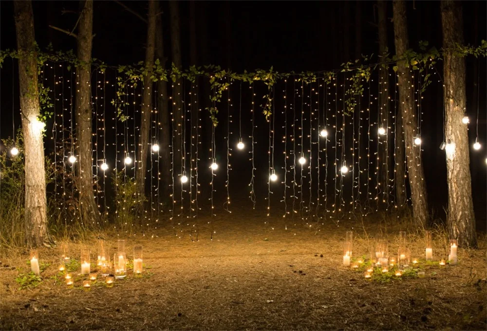 

Laeacco Photo Backgrounds Light Bulb Pendant Candle Ceremony Party Pray Tree Forest Night Scenic Backdrop Photocall Photo Studio