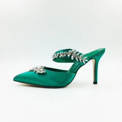 Индивидуальные женские туфли без задника из сатиновой ткани с острым носком, украшенные кристаллами и ремешками; женские модельные туфли на высоком каблуке 9 см - Цвет: green