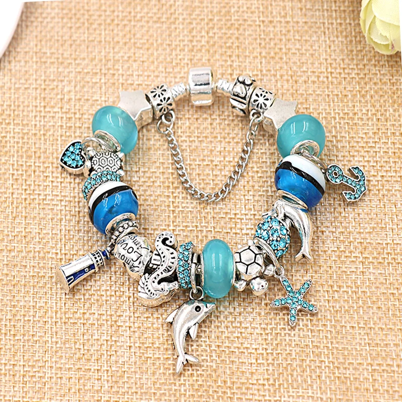 Dolphin Charm Bracelets Women Jewelry Gift Blue Murano Crystal Glass Diy Bead