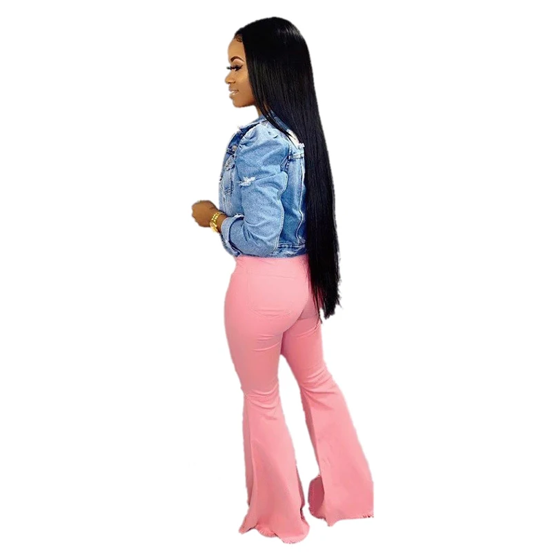Неоновые розовые Облегающие расклешенные брюки для женщин, модные брюки-клеш с высокой талией, уличная одежда с дырками, длинные широкие брюки
