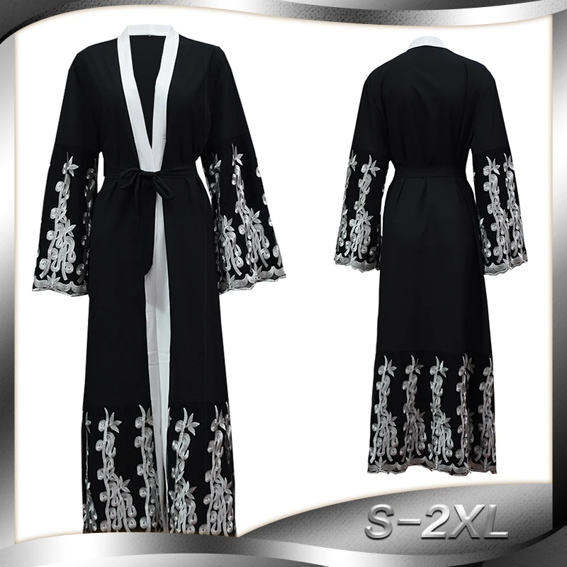 

European and American Muslim fashion mesh stitching embroidery loose cardigan robes female 1609