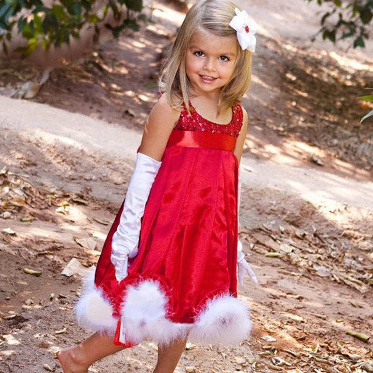 

New Girls Feather Girls Christmas Tutu Dresses Costume Cotton children sequin Dress Up Santa Claus Xmas Red children's Clothes
