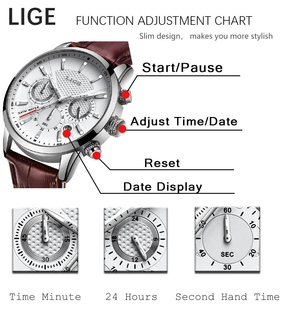 LIGE для мужчин s WatchesTop бренд класса люкс Спортивный Хронограф Секундомер Дата светящиеся стрелки натуральная кожа водонепроницаемый кварц Wtach для мужчин