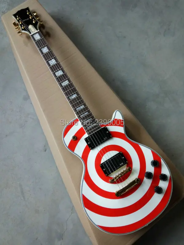 

Hot Sale LP Custom Plus Zakk Electric Guitar Red and White Bullseye. Mahogany body,one piece neck can be choice. golden hardware