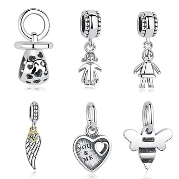 

Original Real 925 Sterling Silver Bead Animal Bee Feather Wing Heart Charms Fit Bracelet Pendant Women DIY Jewelry