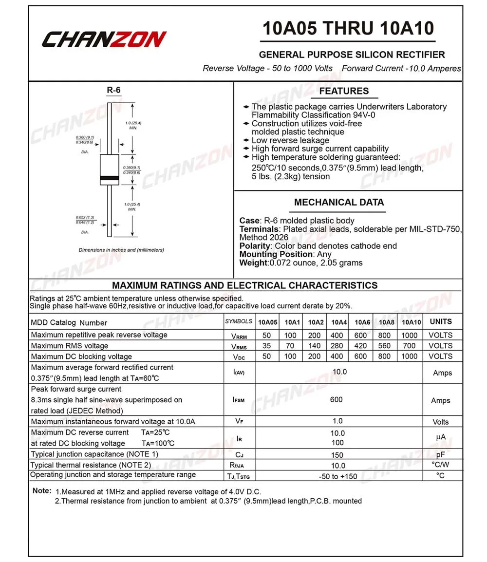 20 шт. 10A10 выпрямительный диод 10А 1000 В R-6 осевой 10 ампер 1000 Вольт электронный кремний