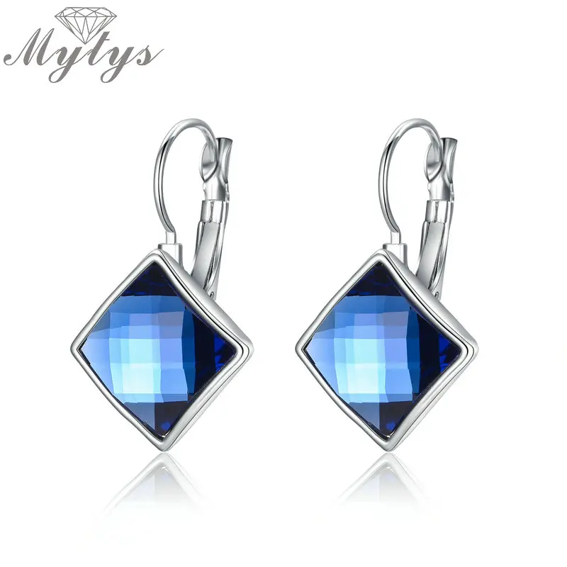 

Mytys Small Blue Color Square Crystal Dangle Drop Earrings for Women and Girls Fashion Crystal Jewelry CE316