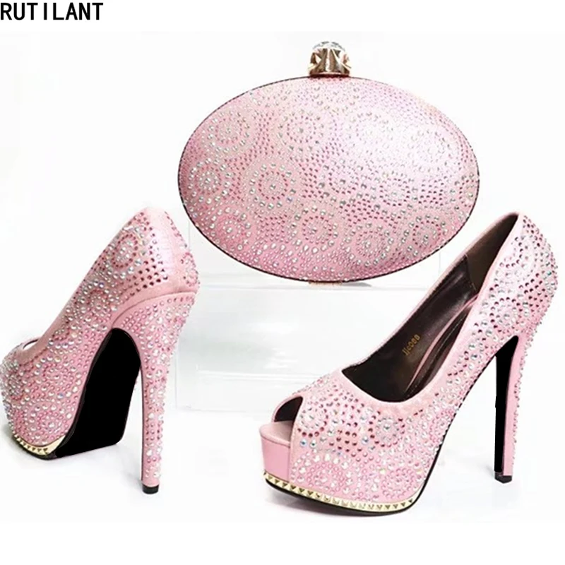 

Latest Pink Color Nigerian Party Shoe and Bag Set Matching Italian Shoe and Bag Set Decorated with Rhinestone Wedding Shoes Bag
