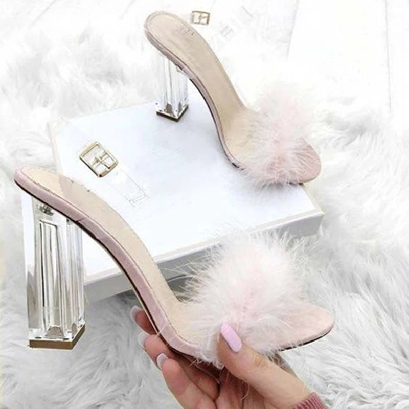 

Summer Ladies Real Rabbit fur Clear PVC Strap Transparent Chunky High Heels Sandals Woman Open toe Ankle Buckle Dress Shoes