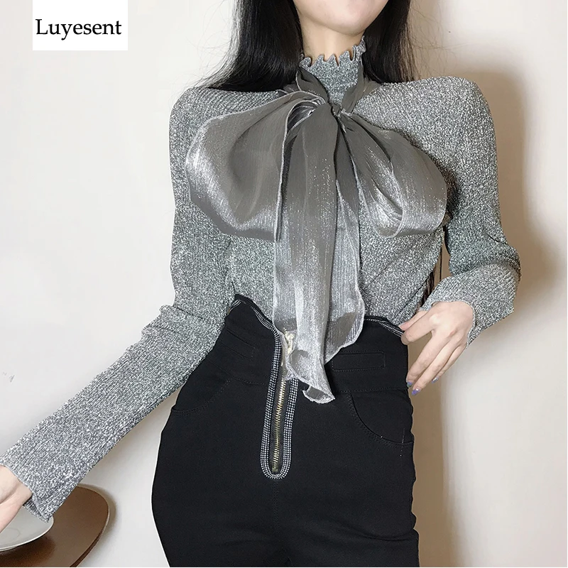 

women bling shine shirt bow neck bodycon top 2019 fashion new sliver white nacy long sleeve office lady blouse