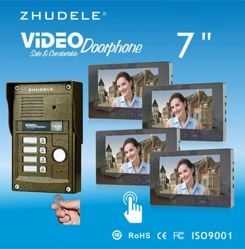 

ZHUDELE Home security 7" video door phone metal die-casting ,700TVL IR camera with Password and ID card unlock for 4-apartments