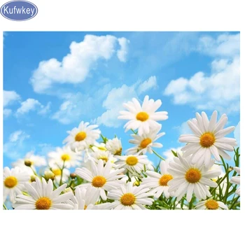 

5d diy Diamond Paintng Daisy blue skyPicture Mosaic Rhinestone Full Square round Diamond Embroidery Flowers Christmas Home Decor