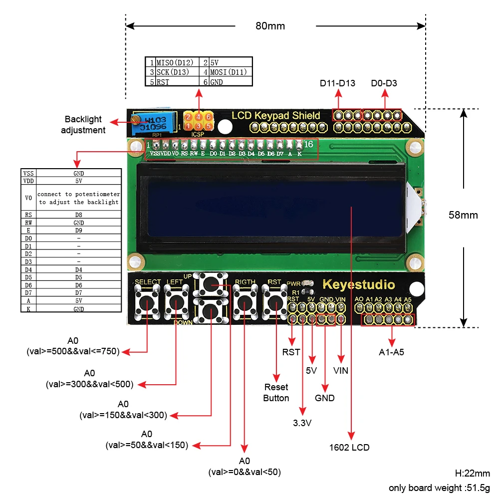 Keyestudio 1602lcd Keypad Shield For Arduino Lcd Display Atmega2560 For