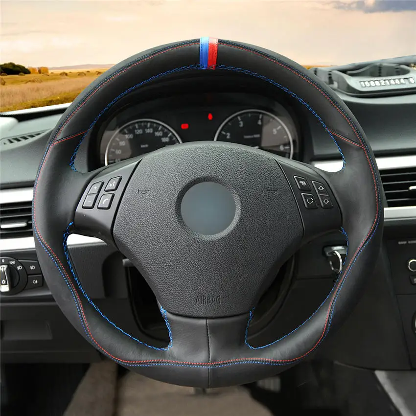 MEWANT черный натуральная кожа замша ручная вышивка Чехол рулевого колеса автомобиля для BMW E90 E91(Touring) 320d 325i 335i X1 E84 - Название цвета: Style-03