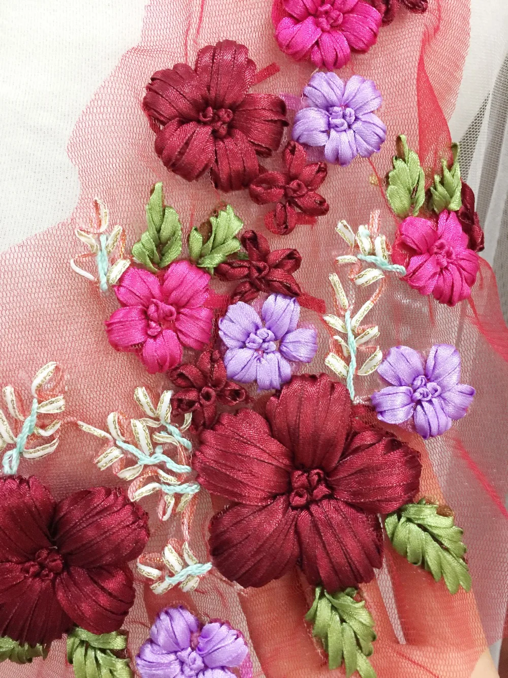 

1 pc Handmade 3D flower lace applique in wine red pink purple mix color for wedding hair flower, baby headband