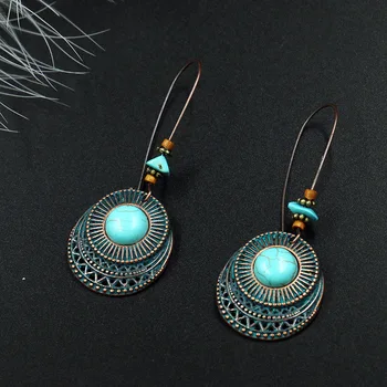 

Women Bohemian Earrings Long Round Green Jewelry Antique Green Metal Earrings For Women