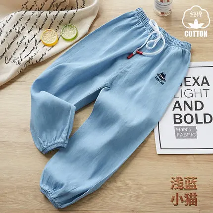 Новые детские противомоскитные штаны тонкая свободная летняя одежда для мальчиков джинсы для девочек длинные брюки штаны для мальчиков - Цвет: Sky blue cat