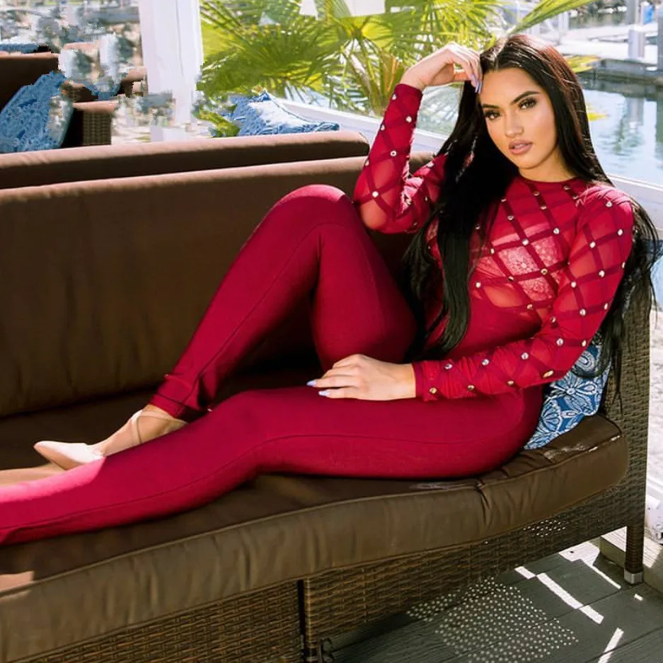 

2017 New Luxe Rivets Embellished Grid Mesh Patchwork Long Sleeves Wholesale Bandage Jumpsuit Women Bodysuit