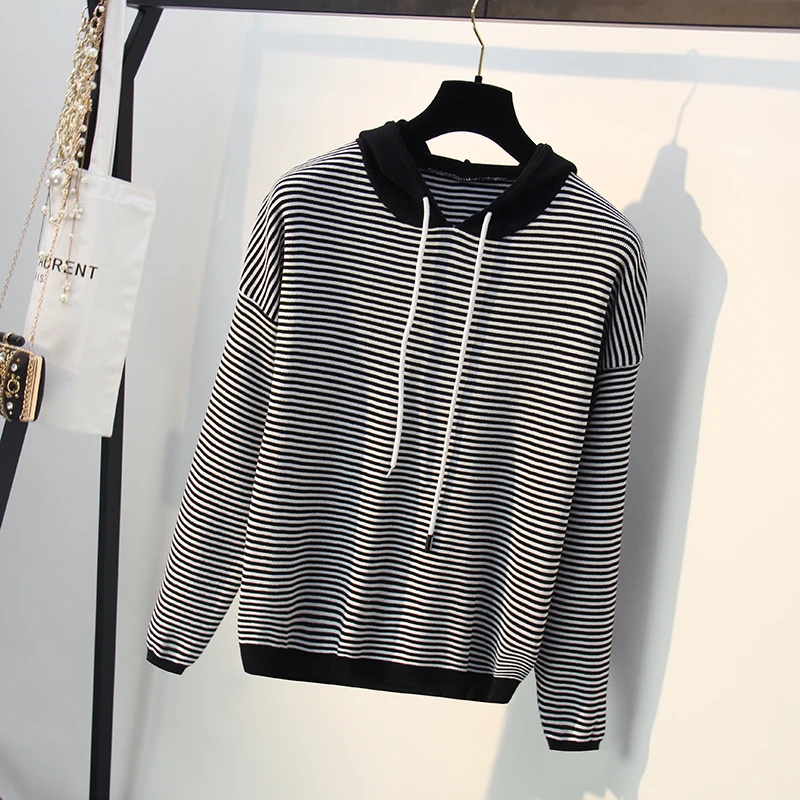LANTIN'S 2018 FALL WINTER SWEATERS WITH WOVEN HOODED stay cord . TAPE LADIES WOMAN STRIPED LINE PULLOVER DROP SHOULDER. X227