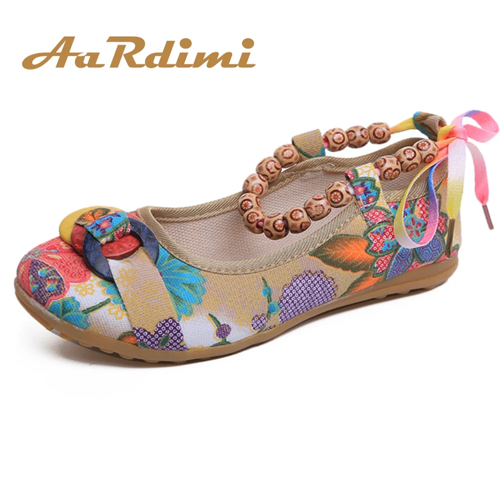 

AARDIMI Handmade Cotton Fabric Casual Flats Shoes Woman Beaded Strap Summer Shallow Women's Ballet Flats Canvas Shoes