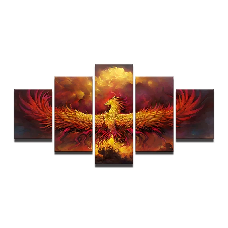 HD плакат 5 шт. картина огненный Феникс холст домашний декоративный модульный рисунок рамки Настенные рисунки для гостиной