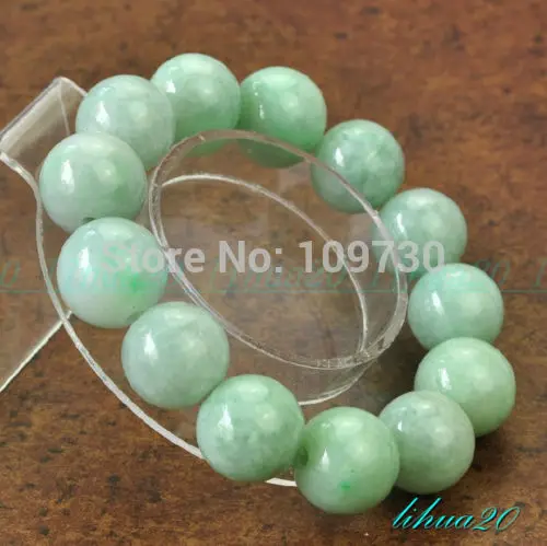 

00965 100% NATURE GRADE "A " GREEN 14MM BEADS JADE JADEITE BRACELET Strands bangle