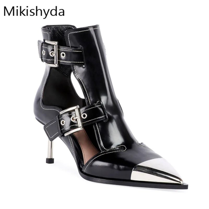 

Mikishyda Woman Summer Black Patent Ankle Boot Design Sliver Iron Toe Buckle Strap Sandal Sexy High Heels Cut-outs Stiletto Pump