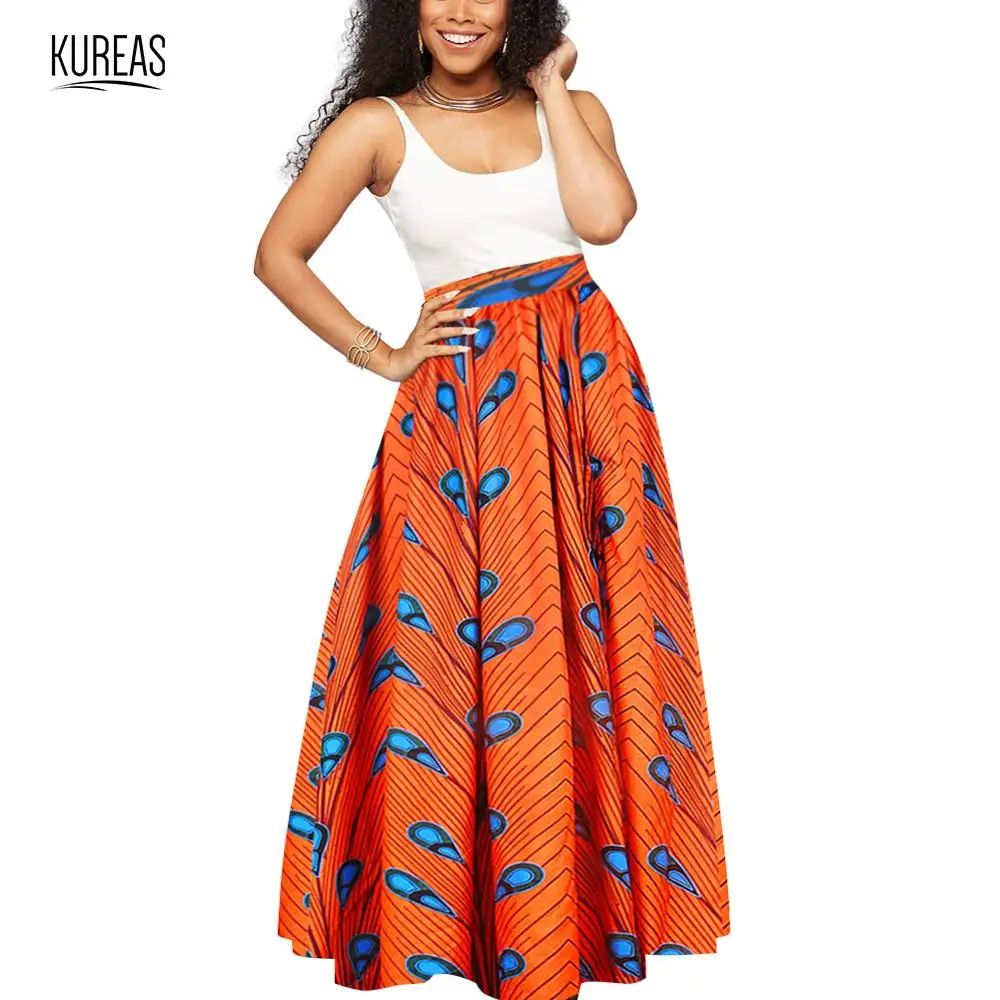 

Kureas African Clothes Long Skirt National Print Pleated Drawstring Maxi Skirts Dashiki Casual Floral African Clothing for Women