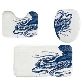 

4Pcs Home Bathroom Decor Set Blue Octopus Pattern Toilet Seat Cover Bath Mat Set+Waterproof Shower Curtainblue Octopus