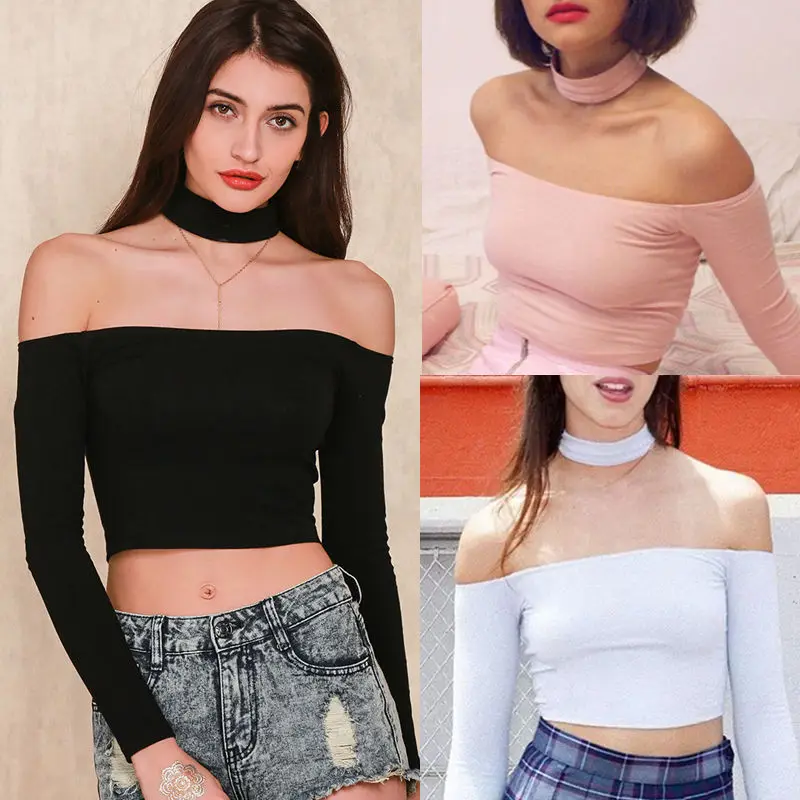 

Fashion Sexy Women Cotton Clothing Off Shoulder Long Sleeve Casual Shirt Crop Tops T-Shirts