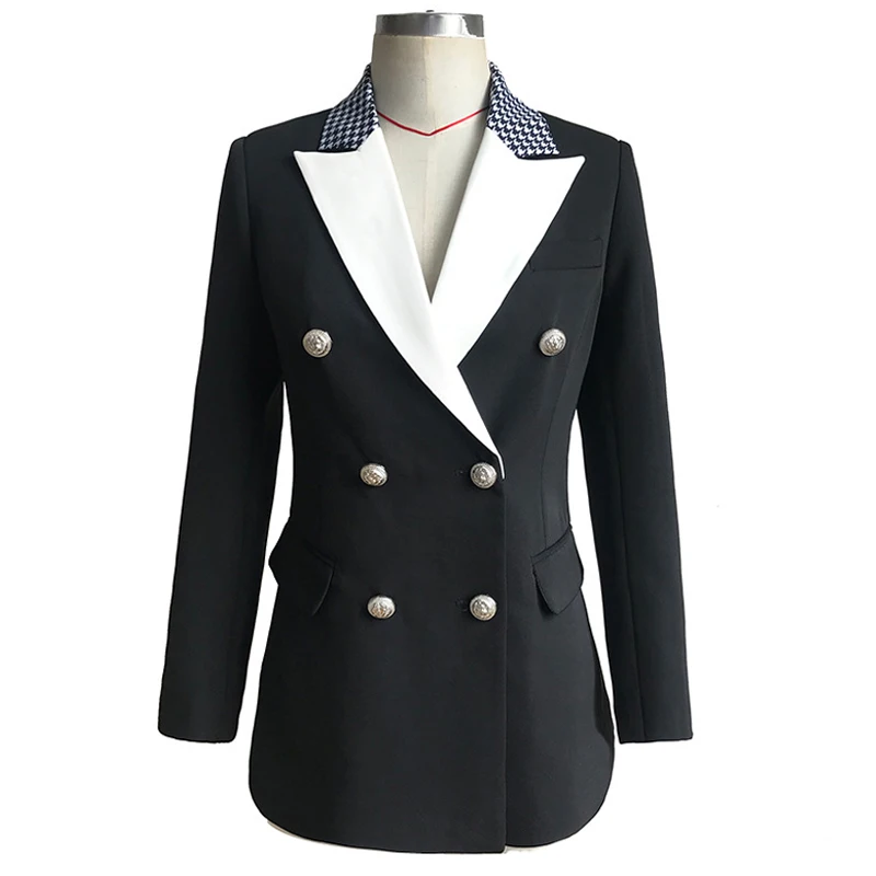 High Quality Black White Women Blazer Jacket Outerwear Double Breasted Plaid Collar OL Office Ladies Blazers Feminino Plus Size
