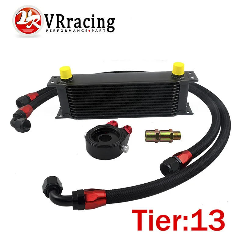Discount Prices VR RACING-UNIVERSAL 13 ROWS OIL COOLER+OIL FILTER SANDWICH ADAPTER BLACK + SS NYLON STAINLESS STEEL BRAIDED AN10 HOSE