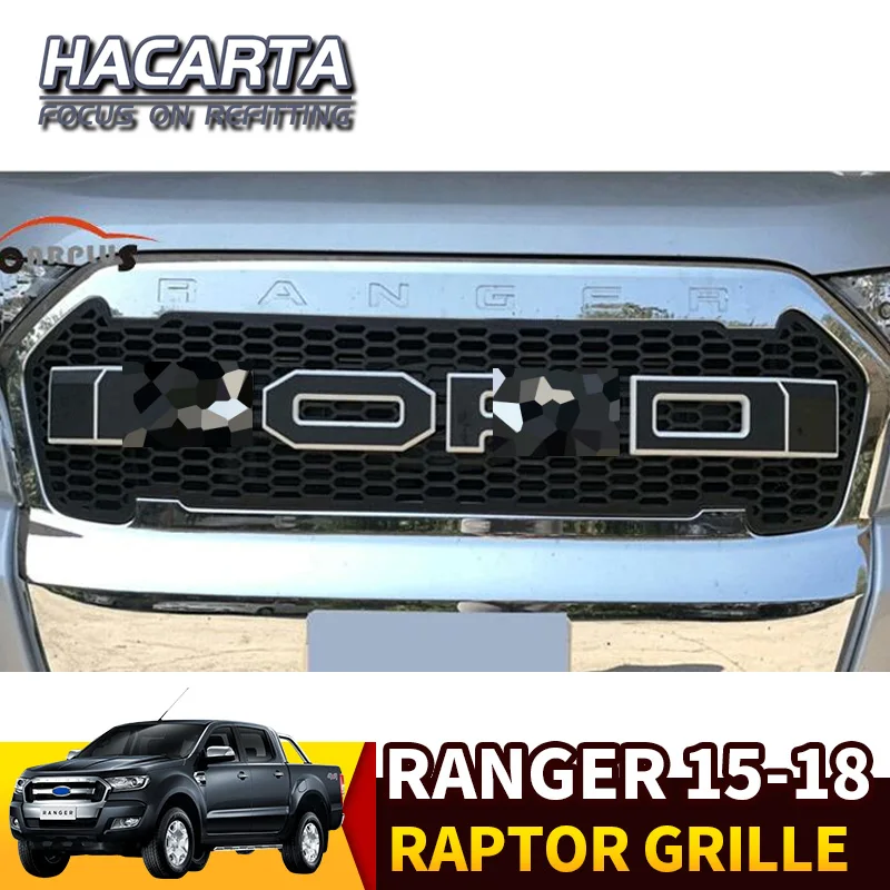 CStern LED Raptor Style Exterior Front Radiator Racing Grill Grille with Black Letters for Ford Ranger T7 2015-2018 ABS Bumper Mesh Mask Trim Cover
