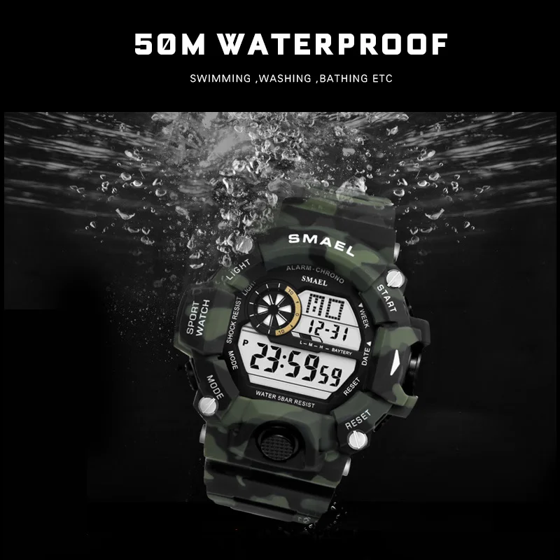 SMAEL мужские часы 50 м водонепроницаемые Топ S Shock часы мужские светодиодный спортивные часы камуфляжные часы цифровые наручные часы Военные 1385C