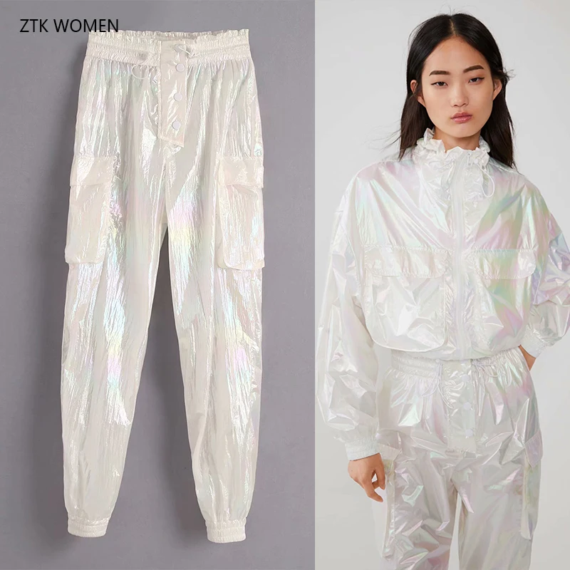 

ZTK WOMAN 2019 Fashion Autumn Cargo Pants Streetwear Elastic Waist with Pocket Solid Zipper White Ladies chic long pants