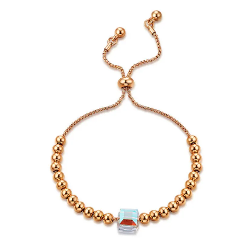 

Love Square Crystal Slide Bracelets Adjustable Gold Stainless Steel Beads Chain Link Bracelets Women Wedding Bridal Jewelry