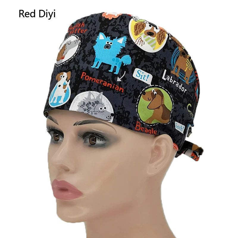 

Veterinary hat Colored dog Medical Caps Hospital Scrub Hat Ultra Soft Cotton Work Hats Forehead Sweat Band Back Straps Elastics