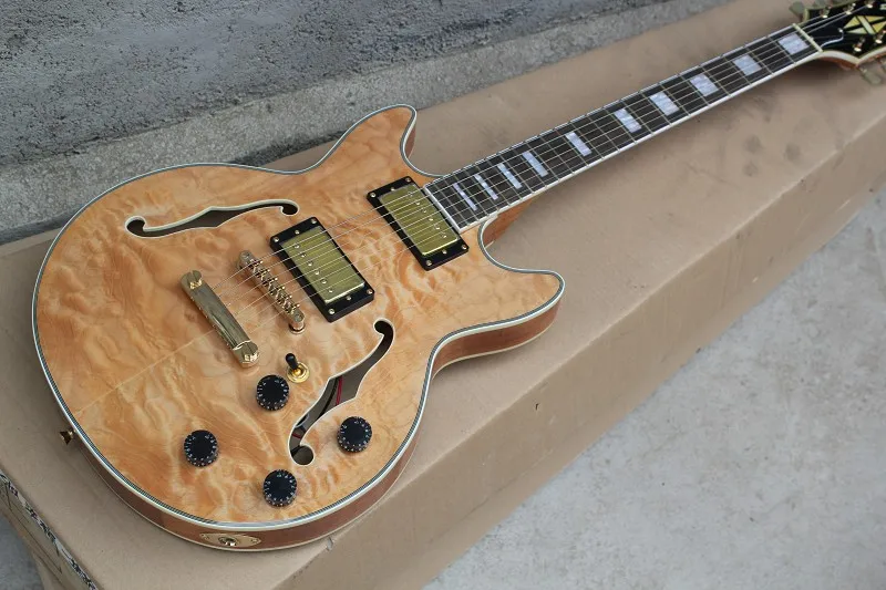 

Free Shipping NEW Custom 335 Jazz Electric Guitar Semi Hollow Body Archtop Guitar Natural Maple Top Real photo showing 1027