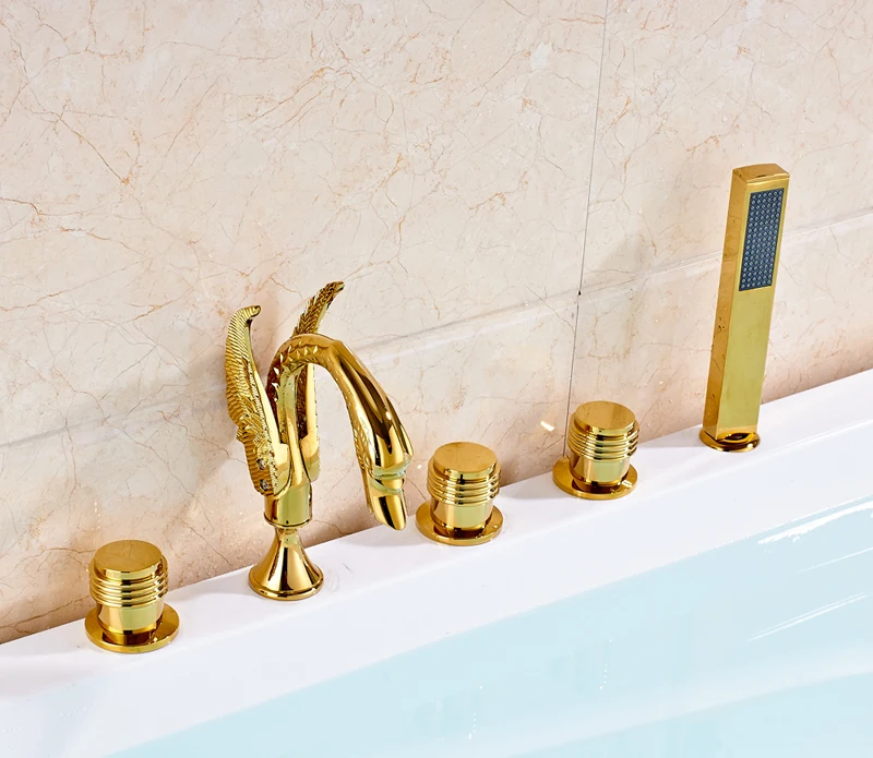 Gold Polished Swan Neck Style Bathtub Faucet Three Handles Widespread