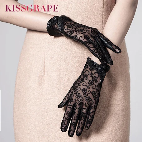 Elegant Lace Gloves Ladies  2017 Summer Sunscreen Thin Genuine Leather Gloves Women Driving Gloves Mittens Top Qultiy Brand